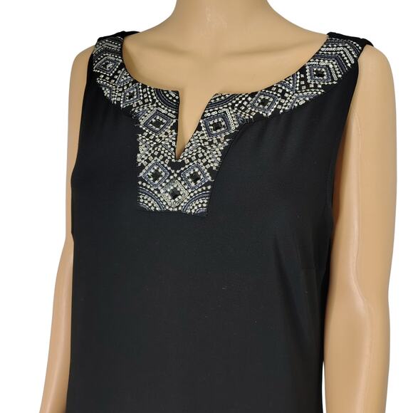 Black  Metallic Embellished VNeck Flapper Inspired Pleat Hem Drop Waist Dress - Picture 4 of 11